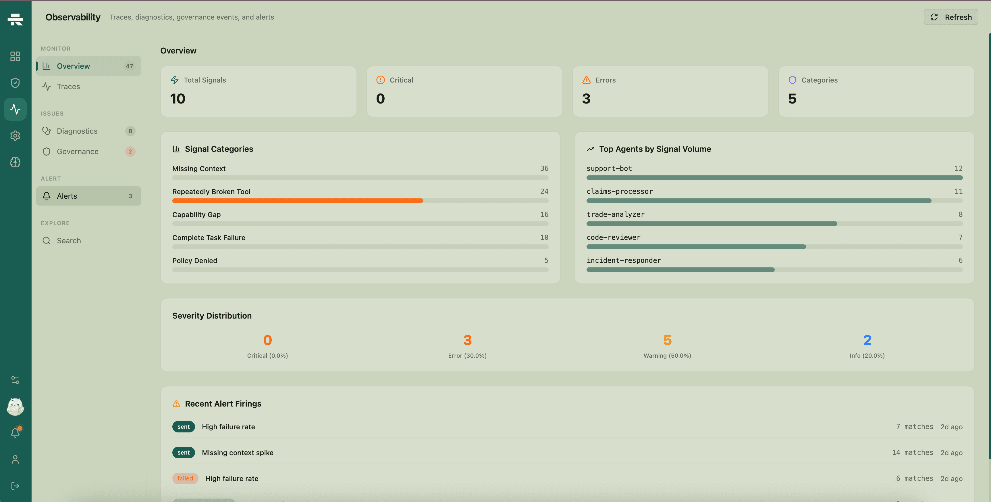 Signals — diagnostics, severity, and audit history